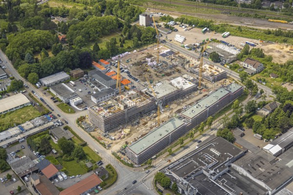 Aerial view, construction site with new building in the commercial area Am Trimbuschhof, Sodingen,