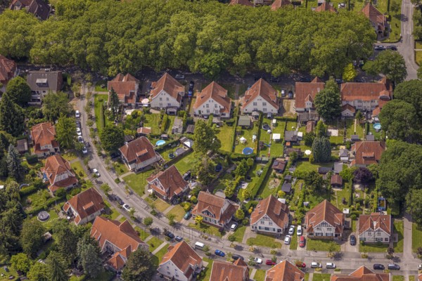 Aerial view, miners' housing estate Teutoburgia with red roofs, houses and gardens, Börnig, Herne,