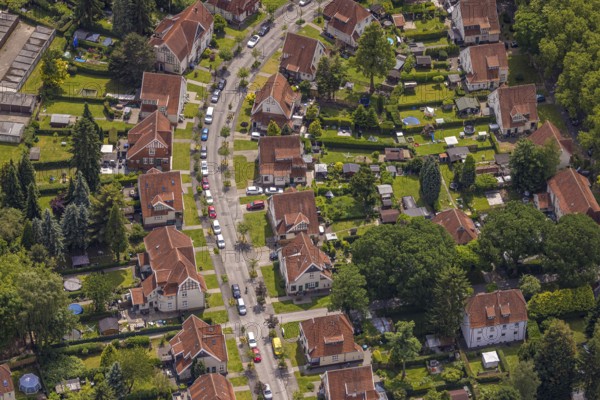 Aerial view, miners' housing estate Teutoburgia with red roofs, houses and gardens, Börnig, Herne,