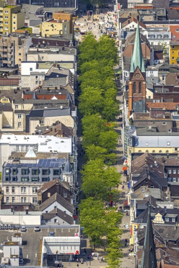 Aerial view, Bahnhofstraße pedestrian zone with green trees and St. Boniface Church, Herne-Mitte,