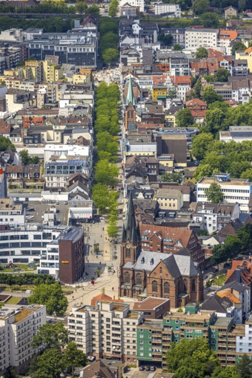 Aerial view, Kreuzkirche at the entrance of Bahnhofstraße pedestrian zone with green trees, above