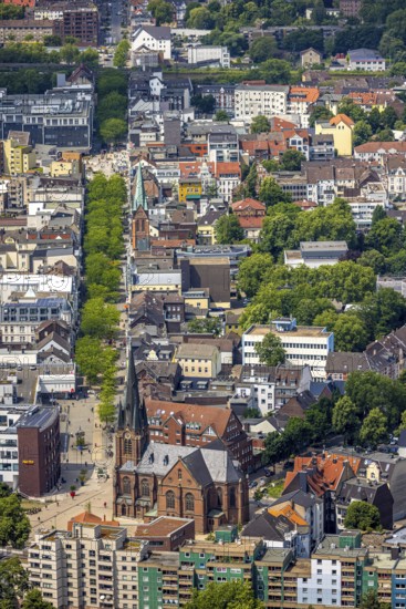 Aerial view, Kreuzkirche at the entrance of Bahnhofstraße pedestrian zone with green trees, above
