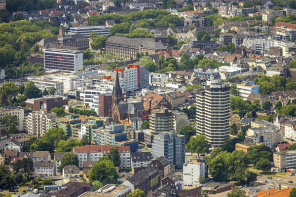 Aerial view, city centre view, residential area with KreuzKirche and high-rise residential tower