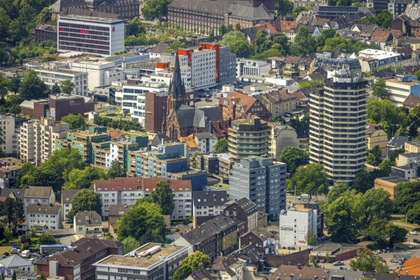 Aerial view, city centre view, residential area with KreuzKirche and high-rise residential tower