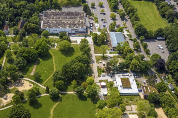 Aerial view, Hannibal-Arena ice rink in Revierpark Gysenberg, restaurants and meadow, Börnig,
