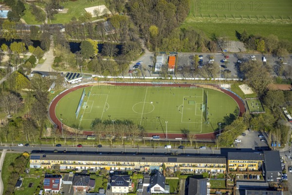 Aerial photo, football stadium and athletics stadium TuS Westfalia Wethmar e.V., training game,