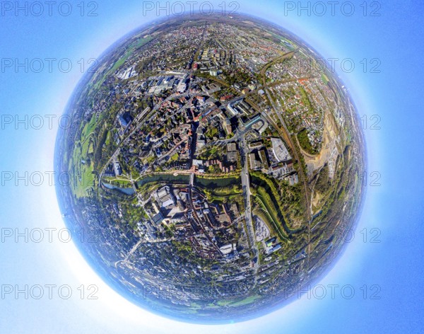 Aerial photo, residential area, local view Lünen-North, globe, fisheye shot, 360 degree shot, tiny