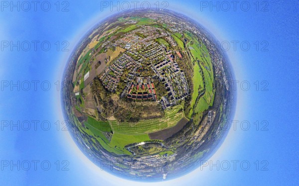 Aerial view, residential area, local view Alstedde, earth globe, fisheye shot, 360 degree shot,