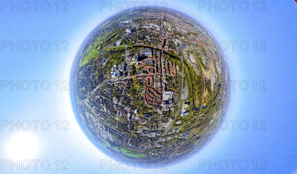 Aerial photo, Lünen Mitte residential area local view centre and river Lippe, earth globe, fisheye