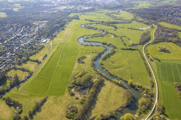 Aerial photograph, Lünen-Lippeweiden airfield and river Lippe meander with Lippe floodplain nature