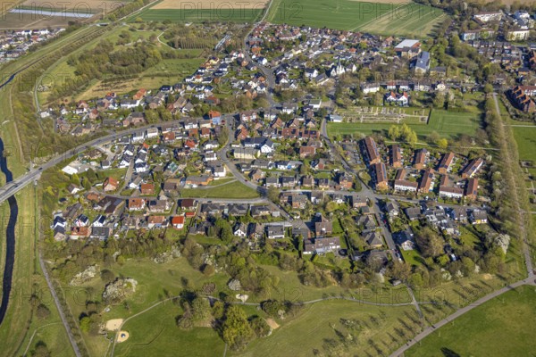 Aerial view, residential area, local view Horstmar at the river Seseke, catholic cemetery Lünen,