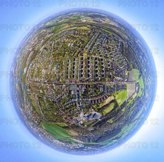 Aerial photo, residential area, local view Lünen-North, globe, fisheye shot, 360 degree shot, tiny