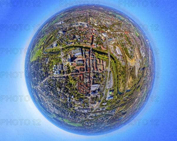 Aerial photo, Lünen Mitte residential area local view centre and river Lippe, earth globe, fisheye