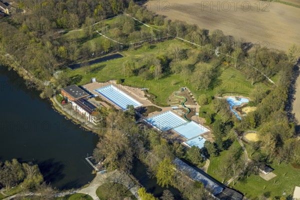 Aerial view, outdoor swimming pool Cappenberger See, Nordlünen, Lünen, Ruhr area, North