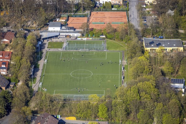 Aerial photo, football training on the sports field, football stadium of SV Preußen 07 Fußball e.V.
