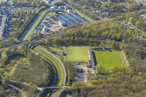 Aerial view, sports facility football stadium Kampfbahn Schwansbell of Lüner SV, sewage treatment