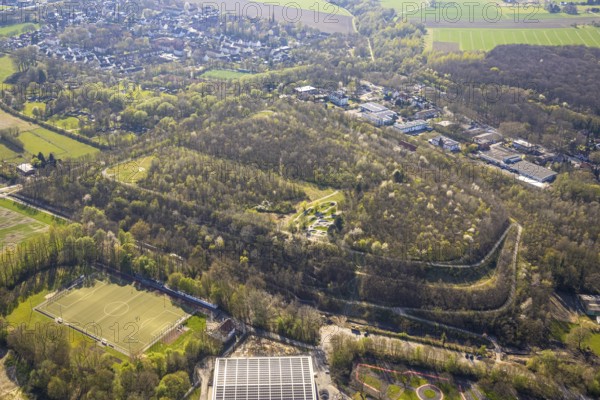 Aerial view, forest area former spoil tip Victoria III / IV, Bike Park Lünen, Gahmen, Lünen, Ruhr