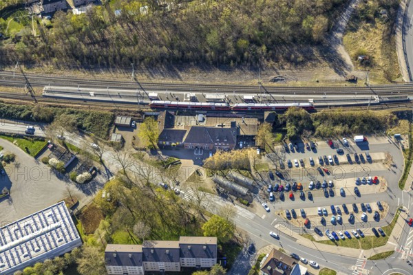 Aerial view, Lünen Preußen station, station building with S-Bahn and platform, Lünen, Ruhr area,