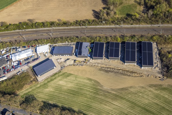 Aerial view, construction area on the railway line, Derner Straße industrial estate, Horstmar,