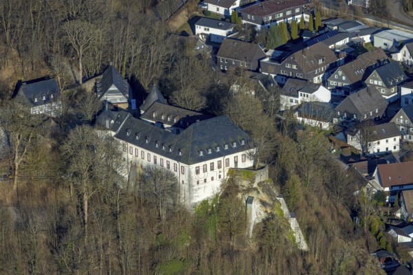 Aerial view, Bilstein Castle, youth hostel and historical sight, Bilstein, Lennestadt, Sauerland,