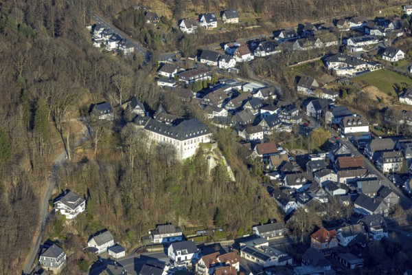Aerial view, Bilstein Castle, youth hostel and historical sight, Bilstein, Lennestadt, Sauerland,