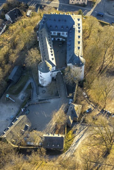 Aerial view, Bilstein Castle, youth hostel and historical sight, Bilstein, Lennestadt, Sauerland,