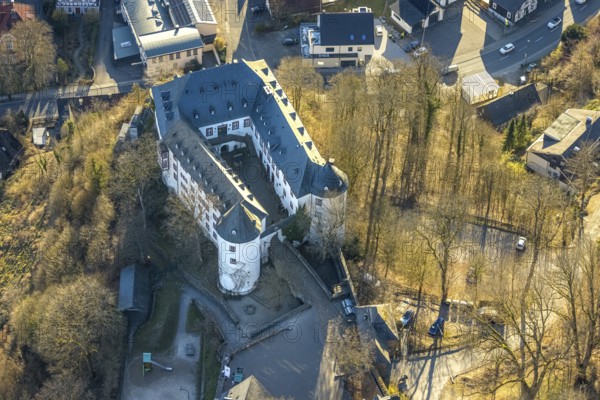 Aerial view, Bilstein Castle, youth hostel and historical sight, Bilstein, Lennestadt, Sauerland,