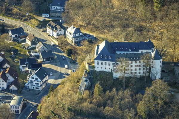 Aerial view, Bilstein Castle, youth hostel and historical sight, Bilstein, Lennestadt, Sauerland,