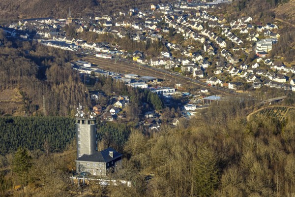 Aerial view, Hohe Bracht Café and Observation Tower, Bilstein, Lennestadt, Sauerland, North