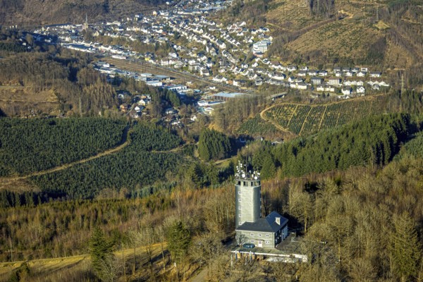 Aerial view, Hohe Bracht Café and Observation Tower, Bilstein, Lennestadt, Sauerland, North