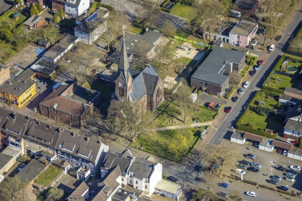 Aerial photo, evang. church Horstmar-Preußen, Haus Lutherstraße, Bethel, Lünen, Ruhr area, North