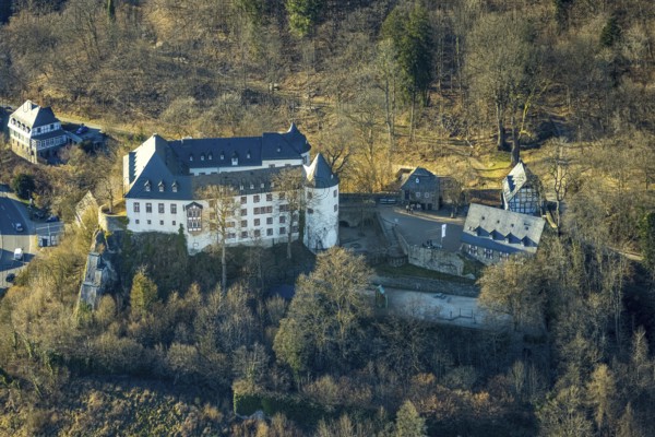 Aerial view, Bilstein Castle, youth hostel and historical sight, Bilstein, Lennestadt, Sauerland,