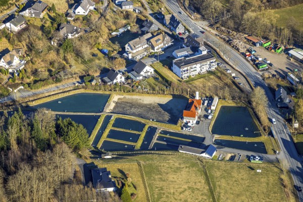 Aerial photo, trout farm fish ponds, Sauerland trout farm, Saalhausen, Lennestadt, Sauerland, North
