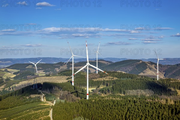 Aerial photo, wind turbine park, wind power plant, Langenei, blue sky and distant view, forest