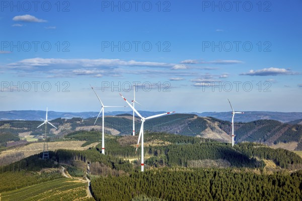 Aerial photo, wind turbine park, wind power plant, Langenei, blue sky and distant view, forest