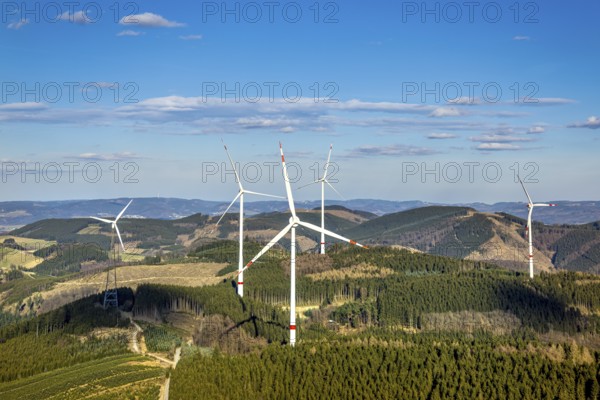 Aerial photo, wind turbine park, wind power plant, Langenei, blue sky and distant view, forest