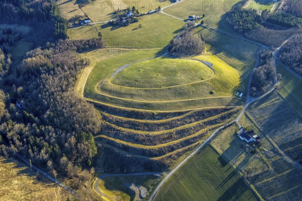 Aerial view, terraced meadow and field, with forest and hilly landscape Stöppel, Halberbracht,