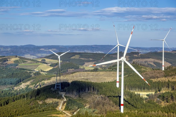 Aerial photo, wind turbine park, wind power plant, Langenei, blue sky and distant view, forest