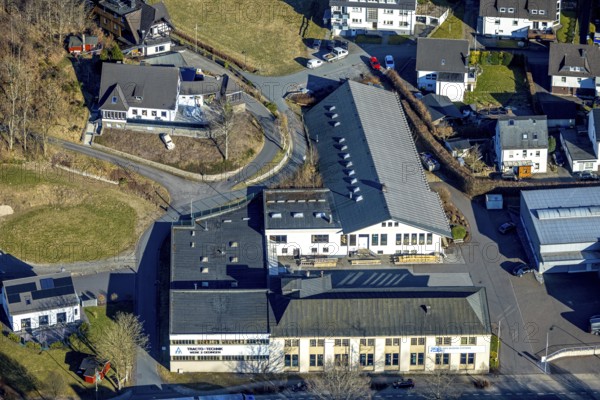 Aerial view, commercial area Hunold-Rumpstraße with PBS Pipe Bending Systems, Oedingen, Lennestadt,
