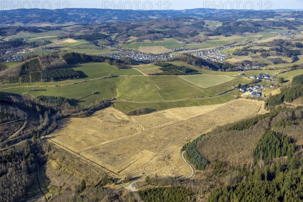 Aerial view, mega solar park planned on Hachen mud pond, meadows and fields with fallow land,