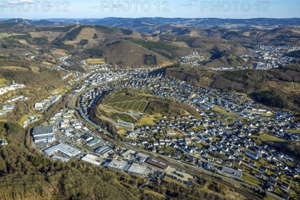 Aerial view, commercial area Zur Christinenhütte, residential area hilly landscape and forest area