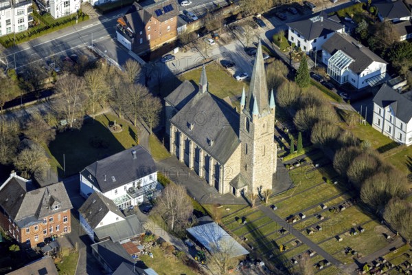 Aerial view, Grevenbrück Cemetery and St. Nicholas Catholic Church, Grevenbrück, Lennestadt,