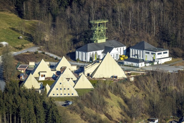 Aerial view, Galileo Park, Sauerland Pyramids, Mining Museum Siciliaschacht with winding tower,