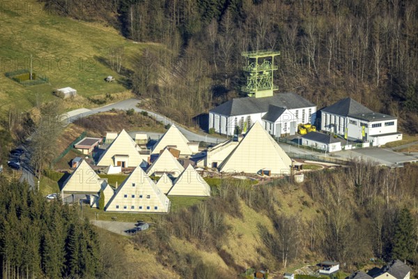 Aerial view, Galileo Park, Sauerland Pyramids, Mining Museum Siciliaschacht with winding tower,
