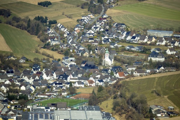 Aerial view, residential area and village view with catholic church St. Jakobus der Ältere in