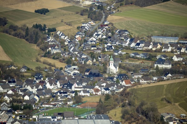 Aerial view, residential area and village view with catholic church St. Jakobus der Ältere in