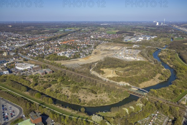 Aerial view, construction area Westfaliastraße, Alte Viktoriazeche and river Lippe, Lünen, Ruhr