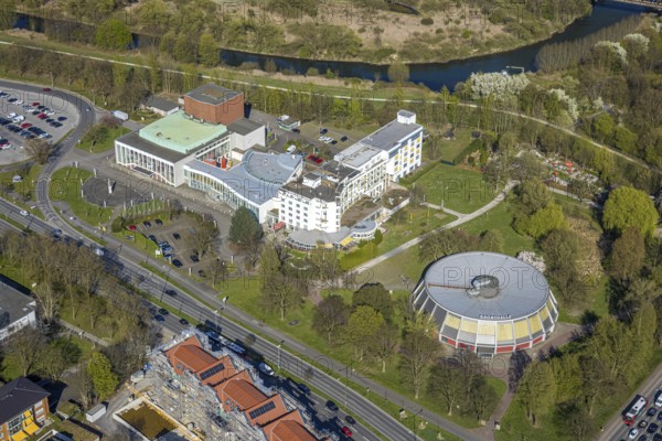 Aerial view, Heinz-Hilpert-Theater, Hansesaal, Ringhotel Am Stadtpark and Rundsporthalle, Lünen,