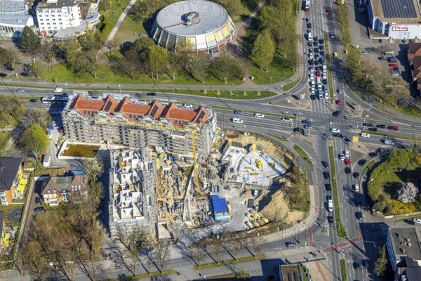 Aerial view, traffic junction construction site with new building Quartier Langestraße 100 between