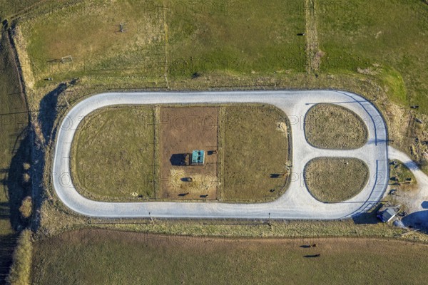 Aerial view, Quinkenhof riding centre, paddock in Melbecke, Lennestadt, Sauerland, North